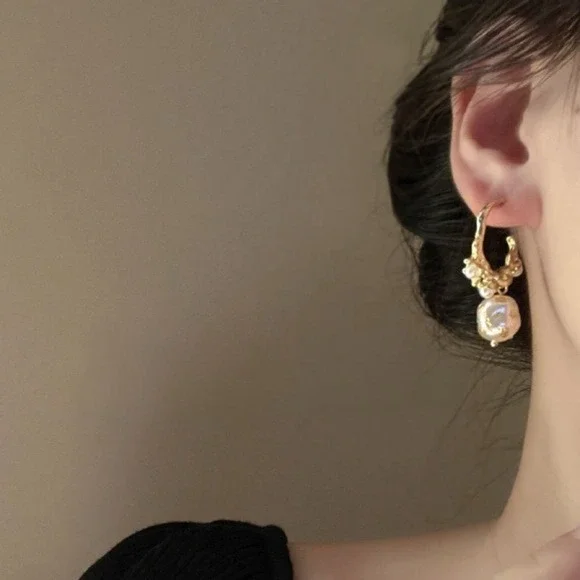 Gold Tone Irregular Hoop Earrings with Baroque imitation Pearl and Pearl Accents - Picture 2 of 8